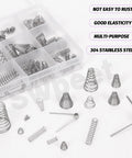 Stainless Steel Spring Set With 148 Pieces in Three Styles Conical Compression 0.3 to 1 mm shown in organizer box