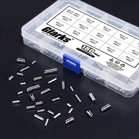Durable 304 Stainless Steel Slotted Spring Pin Assortment Kit 180 Pcs In M2 M2.5 M3 M4 Sizes With Transparent Storage Box