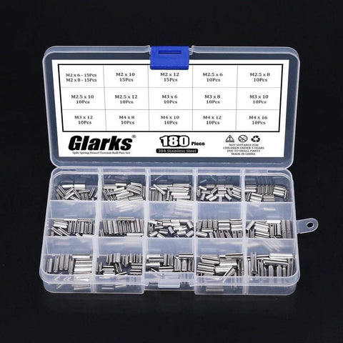 Durable 304 Stainless Steel Slotted Spring Pin Assortment Kit 180 Pcs in M2 M2.5 M3 M4 Sizes with Transparent Storage Box