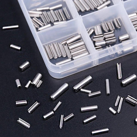 Durable 304 Stainless Steel Slotted Spring Pin Assortment Kit 180 Pcs In M2 M2.5 M3 M4 Sizes With Transparent Storage Box on table