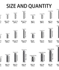 Size chart for 440 Piece 304 Stainless Steel Slotted Spring Pin Set For M1.5 To M5 Dowel Tension Roll Pins, includes 24 sizes.