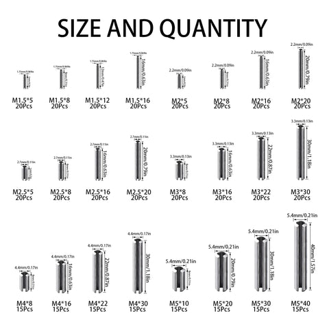 Size chart for 440 Piece 304 Stainless Steel Slotted Spring Pin Set For M1.5 To M5 Dowel Tension Roll Pins, includes 24 sizes.