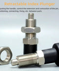 Two Pack Stainless Steel Retractable Ball Nose Spring Plungers With Return Knobs, M12 Thread 1.5 Pitch, shown with hex nut