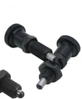 Two Pack Retractable Spring Plunger Ball Loaded Pin M6 Non Locking Indexing Knob Pin, black and silver, stainless steel, front view