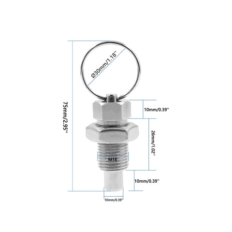 Stainless Steel Spring Plunger with Pull Ring Set, Non-Locking, M16-10mm Size for Industrial Use, with measurements shown.