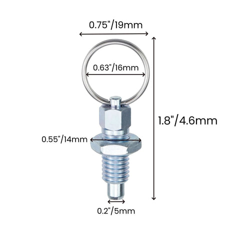 Non Locking Hand Retractable Spring Plunger With Pull Ring showing dimensions M8 1.25 5 Stainless Steel