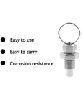 Stainless Steel Spring Plunger with Pull Ring Set, Stubby Hand-Retractable Non-Locking Index Plungers beside use benefits text.