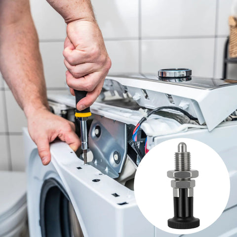Two Pack M10x1.5 Spring Plunger Ball Nose 304 Stainless Steel in use for washer repair, highlighting the push fit indexing feature.
