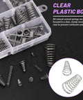 Stainless Steel Spring Set With 148 Pieces in Three Styles in clear storage box, showing conical and compression springs.