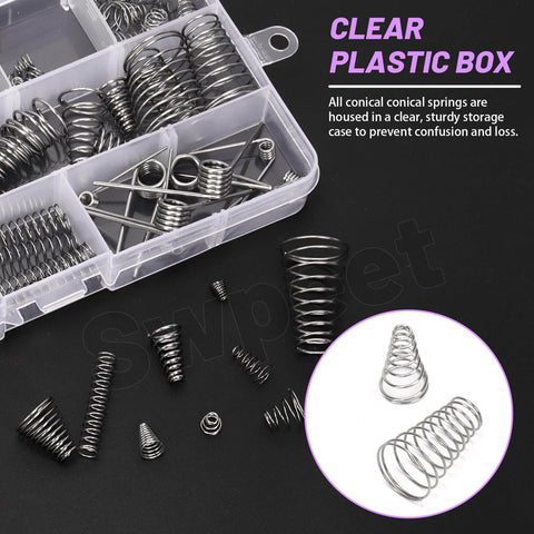 Stainless Steel Spring Set With 148 Pieces in Three Styles in clear storage box, showing conical and compression springs.
