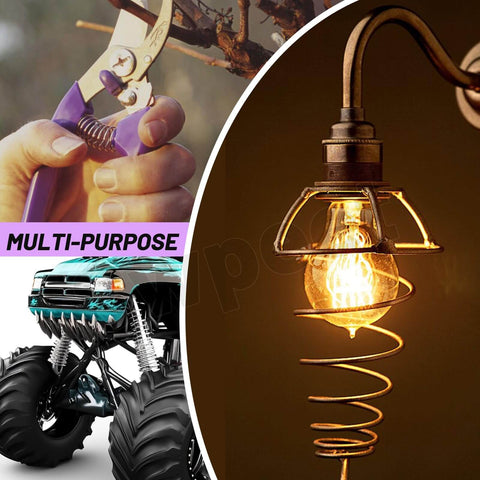 Stainless Steel Spring Set With 148 Pieces In Three Styles shown in DIY lighting, pruning, and automotive use scenarios.
