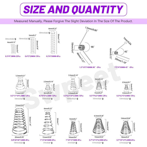 Diagram showing sizes of a Stainless Steel Spring Set With 148 Pieces In Three Styles Conical Compression 0.3 To 1 Mm Torsion Springs