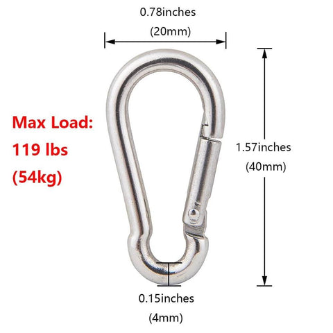 Spring snap hook from ✝️ 6Pcs 304 Stainless Steel M15 Single Pulley Block, max load 119 lbs, dimensions labeled for marine system use.