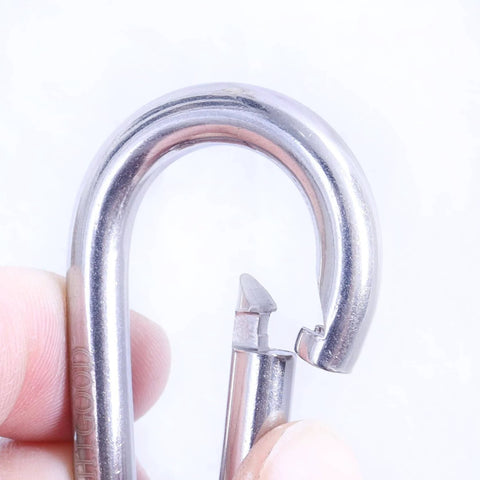 Close-up of 2.4 Inch 304 Stainless Steel Spring Snap Hook showing quick release clip mechanism, ideal for heavy duty 264 pound load.
