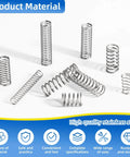 Stainless steel springs showcasing product material features with icons highlighting durability and versatility for various uses.