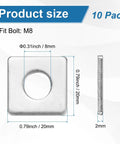 Stainless Steel Square Washer Plate Set For M8 Bolts 20x20mm 2mm Thick With 8mm Inner Diameter Ten Pack dimensions