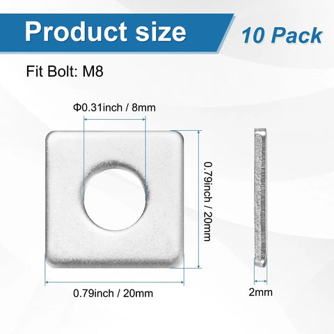 Stainless Steel Square Washer Plate Set For M8 Bolts 20x20mm 2mm Thick With 8mm Inner Diameter Ten Pack dimensions