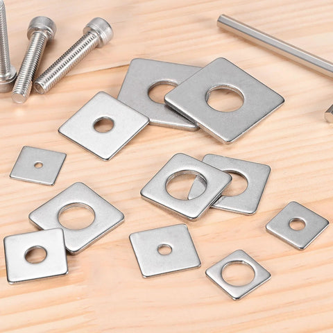 Stainless Steel Square Washer Plate Set For M8 Bolts 20x20mm 2mm Thick With 8mm Inner Diameter Ten Pack displayed on wooden surface