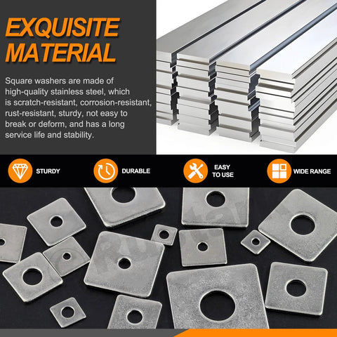 Protect fasteners with even load distribution using this 304 stainless steel square plate washers set, images of stacked metal bars and washers.