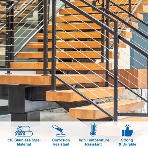 Cable railing on modern wooden staircase featuring 316 Stainless Steel 20 Degree Angle Washer 1 Quarter Inch ID Wire Rope Ends Ten