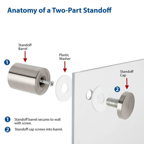 Diagram showing Stainless Steel Sign Standoff Set One Half Inch Diameter And One Half Inch Barrel Length Brushed Finish for mounting signs on glass.