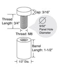 Stainless Steel Sign Standoff Set One Half Inch Diameter And One Half Inch Barrel Length Brushed Finish diagram with measurements.