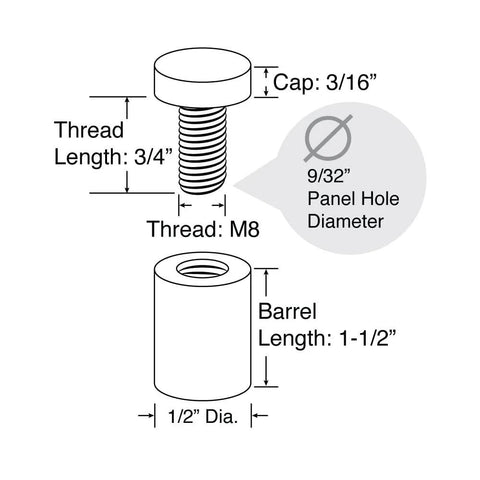 Stainless Steel Sign Standoff Set One Half Inch Diameter And One Half Inch Barrel Length Brushed Finish diagram with measurements.