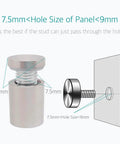 Diagram of stainless steel standoff screw dimensions for acrylic signs, showing 12mm diameter, 7.5mm hole, and installation guide