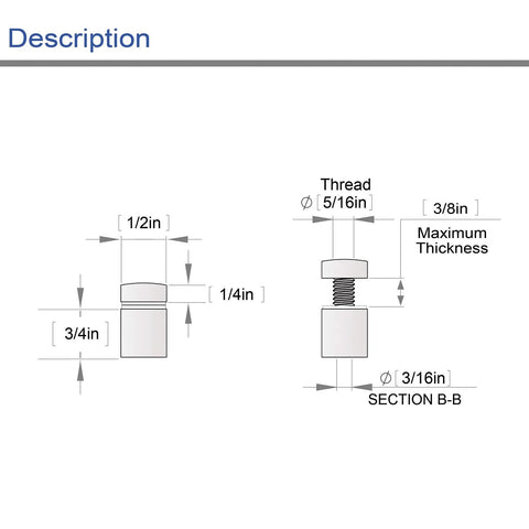 Diagram of Stainless Steel Standoff Screws Set For Acrylic Signs, 20 Pack, Diameter 0.5 Inch, Length 0.75 Inch, Brushed Nickel Finish.