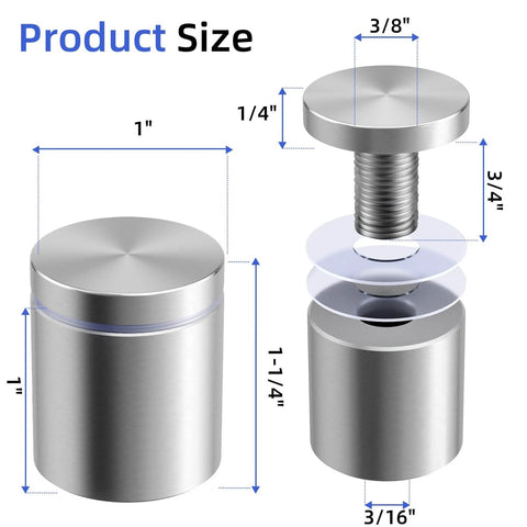 Stainless Steel Standoff Screws 1 Inch Diameter 1 Inch Barrel Length 20 Pack With 80 Mounting Accessories For Acrylic Plexiglass Glass Wood Metal Aluminum Panels And Frames Picture Mounting Hardware Silver, showing size dimensions