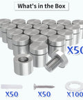 Stainless Steel 50 Pack Standoff Screws For Acrylic Signs 3/4 Inch Diameter And 3/4 Inch Length with caps, screws, and washers