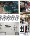 Collage of stainless steel standoff screws with images of company, store, shop, office, and home applications for sign mounting.