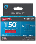 Front view of Arrow Fastener T50 genuine stainless steel rust-resistant staples, 3/8 inch, 1000 count pack for heavy duty use.