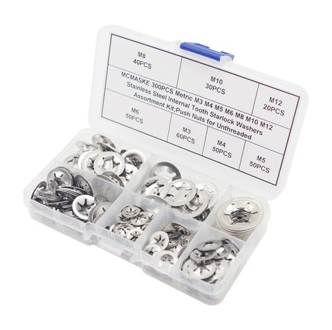 Plastic box with assorted Stainless Steel Starlock Washers Kit 7 Sizes M3 to M12 External Push Rings