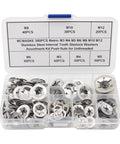 Open box of Stainless Steel Starlock Washers Kit 7 Sizes M3 to M12 External Push Rings, showing assorted washers neatly arranged.