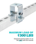 A durable stainless steel hanger bracket designed for 1-5/8 inch UNISTRUT channels, supporting up to 1300 lbs with side threaded holes.