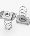 Stainless steel 3/8-16 standard strut channel nuts with a thickened spring deliver strong, corrosion resistant fasteners, side view.