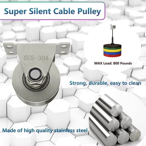 Stainless steel pulley block with mounting screws, showcasing strength and durability, for DIY gym equipment and sliding gates.