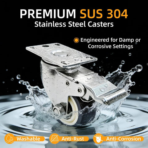 Stainless steel 3 inch heavy duty caster wheels with rust proof 304 swivel design, casters with brakes in a 4 pack splashing in water.