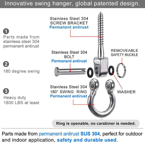 Heavy Duty Swing Hangers Stainless Steel 2 Pack 1800 Lb Capacity Indoor Outdoor components with labels