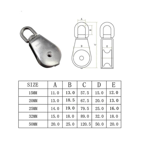 5-Pack Stainless Steel 304 Single Sheave Swivel Eye Rope Pulley 15mm 20mm 25mm 32mm 50mm Rigging Hardware Lifting Swivel Pulley(15mm) with size chart