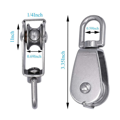 2pcs Stainless Steel M25 Lifting Crane Single Wheel Swivel Snatch Pulley Block 1/4" Rope x 1" Sheave Pulley Roller, 330 lbs Load