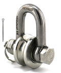 Long Unbuckled U Shaped Swivelling Pulley Stainless Steel Duplex Bearing Silver Pulley Roller Track Fixed Pulley Suitable for Small Cranes and Salvage Systems and Pulley Model showing stainless steel build with pin and shackle.
