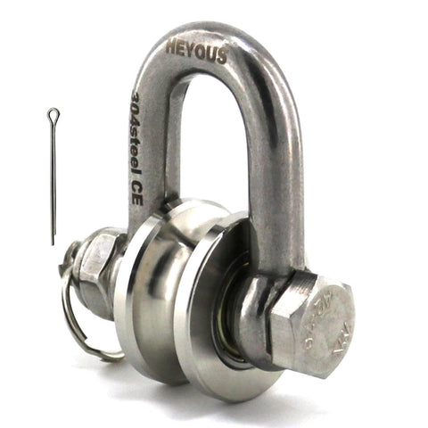 Long Unbuckled U Shaped Swivelling Pulley Stainless Steel Duplex Bearing Silver Pulley Roller Track Fixed Pulley Suitable for Small Cranes and Salvage Systems and Pulley Model showing stainless steel build with pin and shackle.
