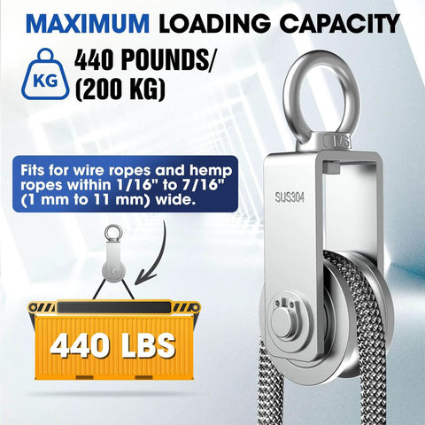 ✝️ U Type Swivel Pulley Block, 304 Stainless Steel Pulleys, 440 lbs capacity, wire rope compatible for lifting and rigging