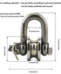 Front view of Long Unbuckled U Shaped Swivelling Pulley Stainless Steel Duplex Bearing Silver Pulley Roller Track Fixed Pulley Suitable for Small Cranes and Salvage Systems and Pulley Model showing dimensions and pin bolt details.