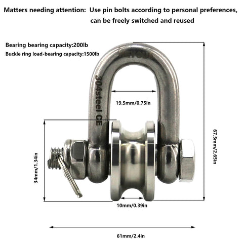 Front view of Long Unbuckled U Shaped Swivelling Pulley Stainless Steel Duplex Bearing Silver Pulley Roller Track Fixed Pulley Suitable for Small Cranes and Salvage Systems and Pulley Model showing dimensions and pin bolt details.