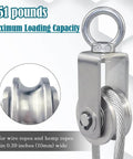 Stainless steel cable pulley wheel for lifting and rigging systems, 551 pounds capacity, fits ropes up to 10mm, close-up view
