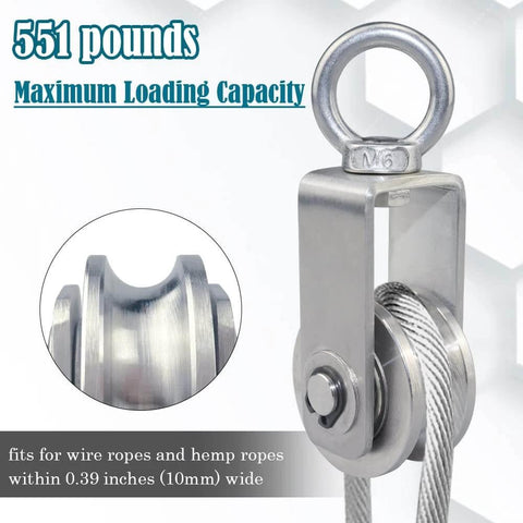 Stainless steel cable pulley wheel for lifting and rigging systems, 551 pounds capacity, fits ropes up to 10mm, close-up view