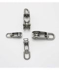 Four stainless steel Single Swivel Lifting 0.3" Rope Pulley Roller Block Sheave 0.03 Ton (M20 Double) on white background.